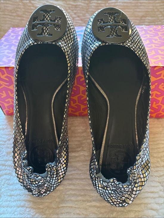 Tory Burch Shoes - Tory Burch Pewter Reva Mirror Snake Print with Metal Logo
